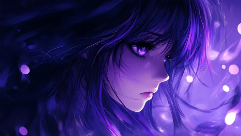 Violet-lit anime portrait isolates melancholic profile in glow