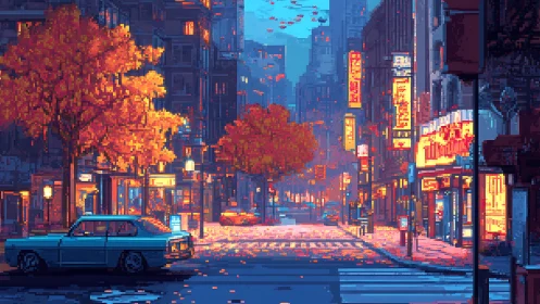 Pixelated neon city street glows under vivid autumn trees