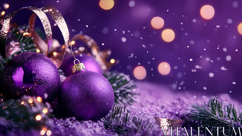 Violet Christmas ornaments in shallow focus snowfall scene.