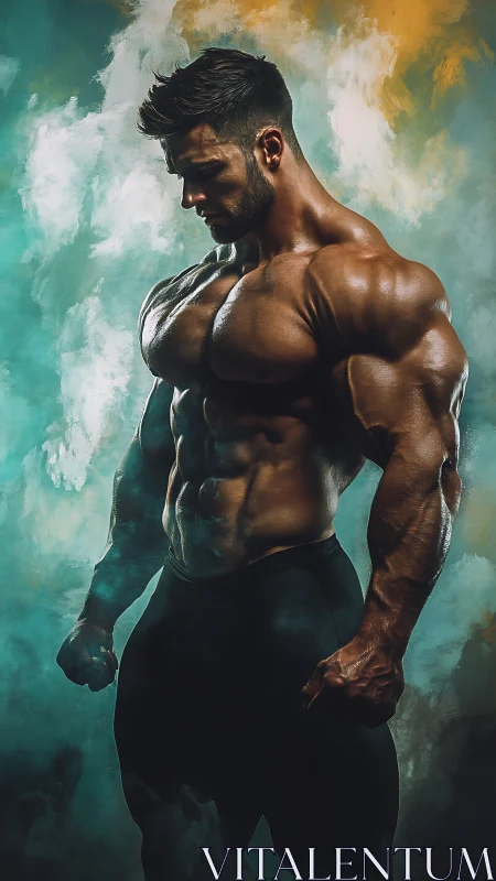 Muscular male torso framed by teal and gold smoke clouds.