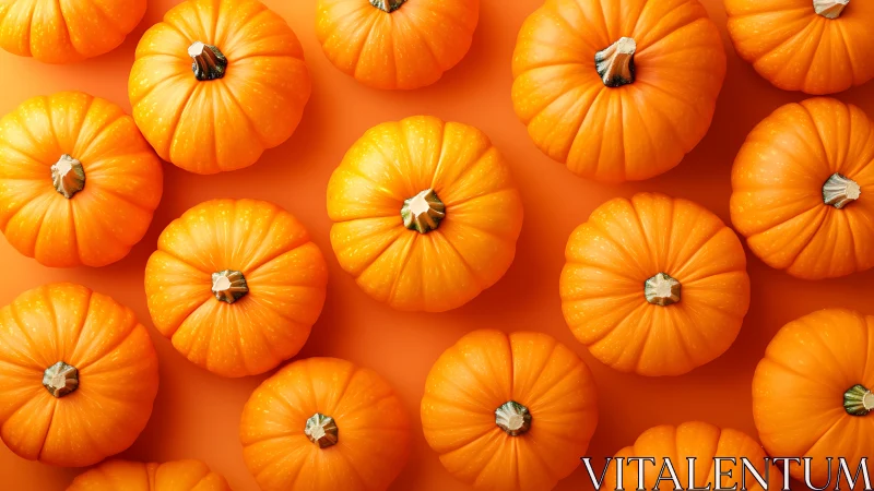 Symmetrical mini pumpkins in saturated orange overhead composition.