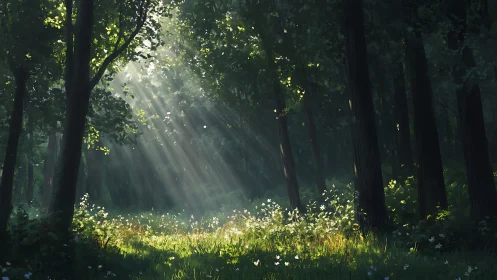 Sunlit Forest Clearing with Wildflowers in Lush Digital Art.