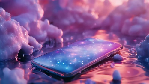 Dreamlike smartphone landscape with cosmic display surface.