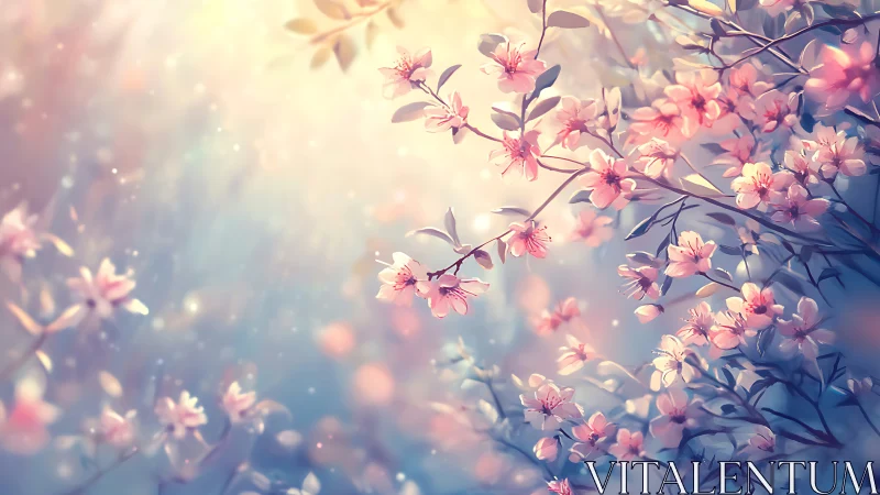 Pink flowering branches with diffused luminous background.