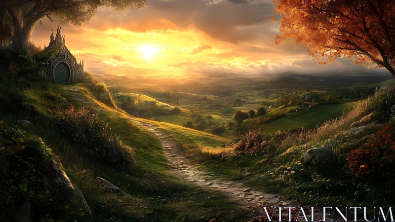 Sunlit fantasy valley with hilltop sanctuary at dusk.