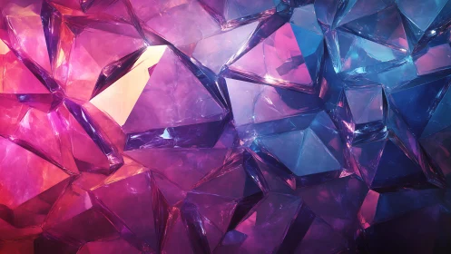 Polygonal crystalline surface in pink and blue lighting.