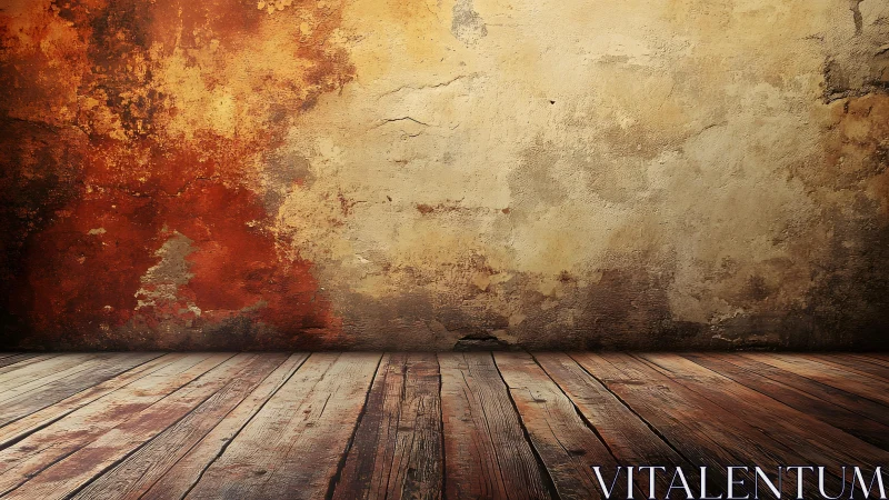 Rustic textured wall with aged wooden floor in vintage style.