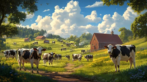 Holstein cows stand along sunny farm path near red barn