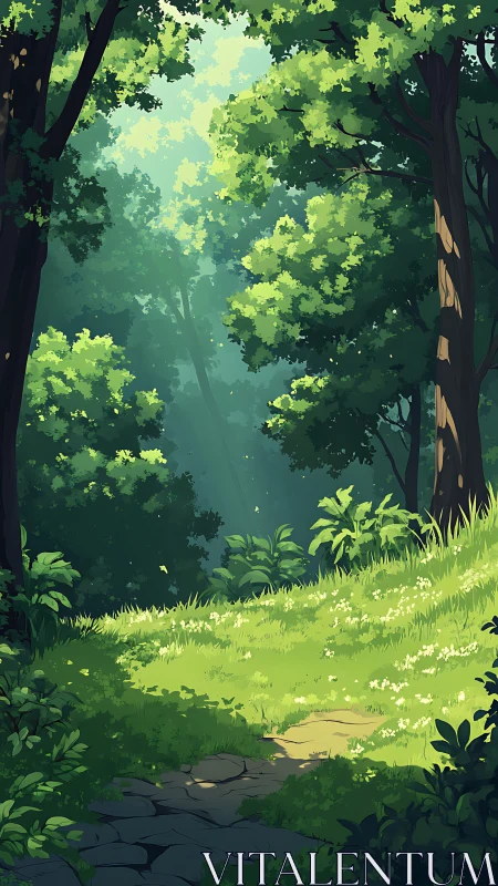 Sunlit forest clearing with vibrant green canopy and winding stone path.