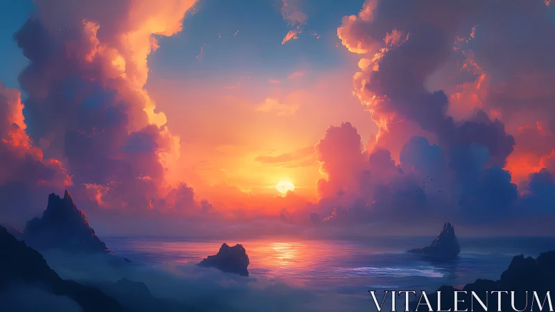 Cloud cathedrals ignite as the sun melts into a painted sea