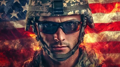 Digital composite portrait of modern soldier against US flag