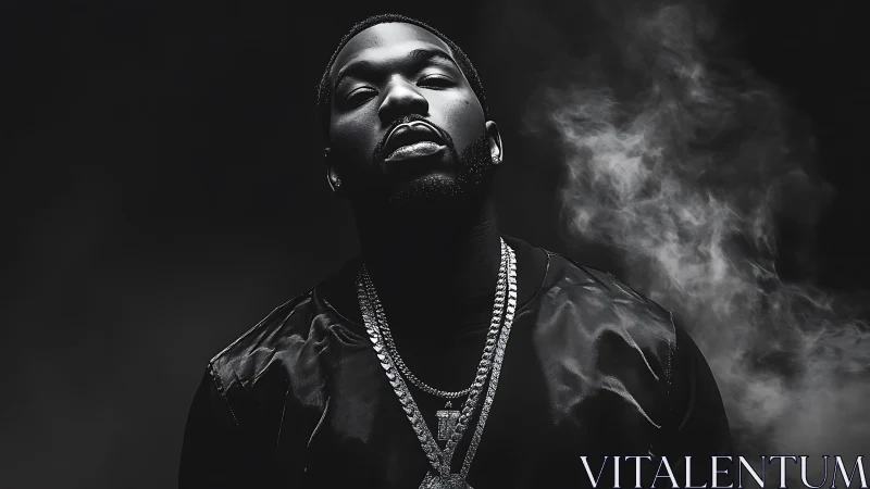 High-contrast monochrome portrait with smoke and jewelry