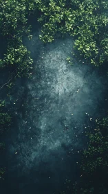 Aerial view of dark water with vegetation framing edges