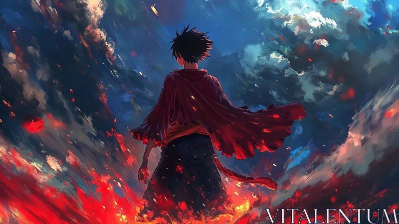 Lone anime warrior stands over erupting crimson battlefield.