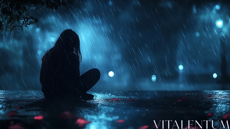Solitary figure seated in blue night rain under glowing streetlights.