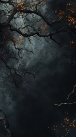 Twisting autumn branches against stormy textured void.