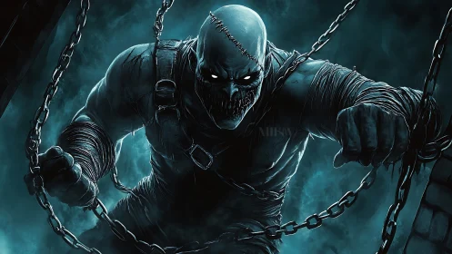 Brooding chained warrior strides through eerie teal shadows.