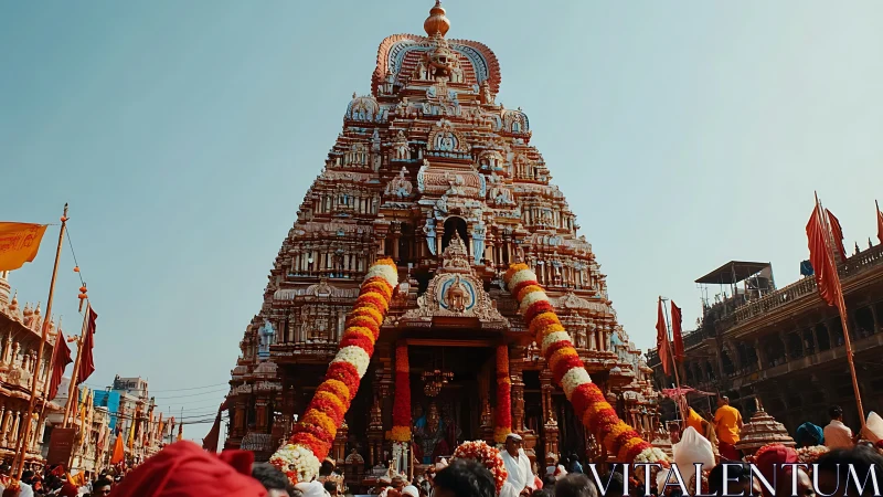 Ornate Hindu temple gopuram during crowded street gathering.