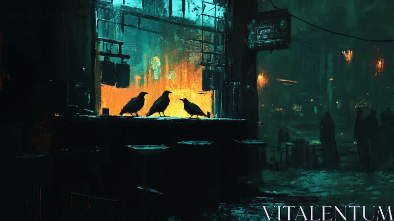 Urban night bar window with silhouetted birds and figures.