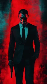Suited gunman stands against harsh red background.