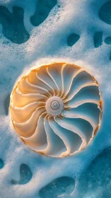 Sunlit seashell spiral cradled in soft ocean foam.