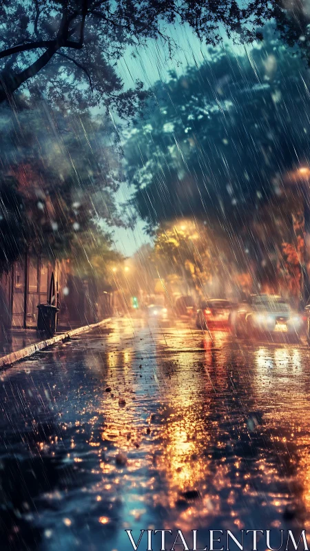 Cozy city street glowing with warm lights in gentle rain.