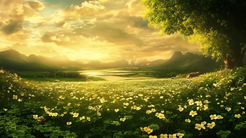 Radiant riverine valley under volumetric golden-hour sky.