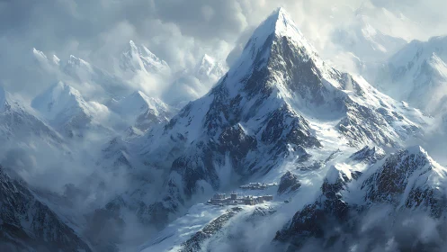 Digital matte of a high alpine fortress beneath glacial spires.