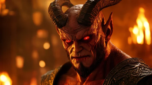 Fiery horned guardian watching over a molten underworld.