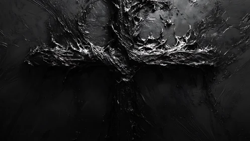 Textured black cruciform relief in visceral abstract field.