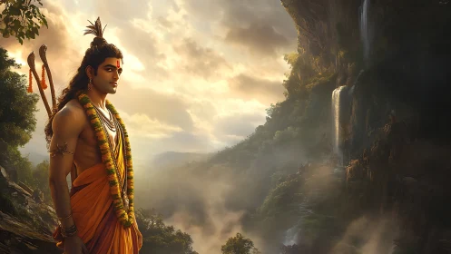 Serene warrior prince beside misty cliffs and waterfalls.