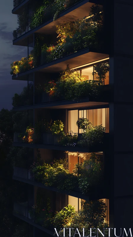 Vertical garden balconies emit warm residential lighting at dusk