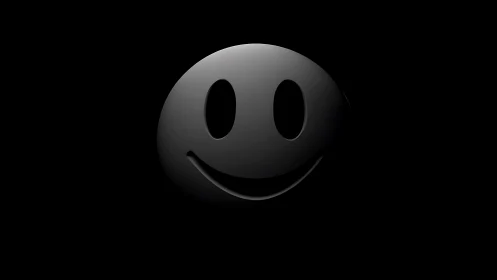 Glossy black smiley face icon on dark minimal background.
