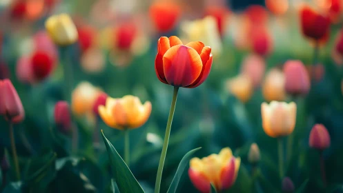 Red and Orange Tulips in Full Bloom with Selective Focus Photography