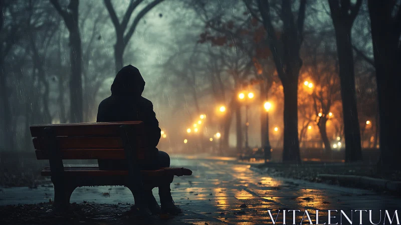 Solitary hooded figure on wet bench in misty night park.