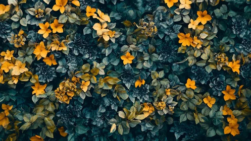Golden Blooms Among Deep Teal Foliage.
