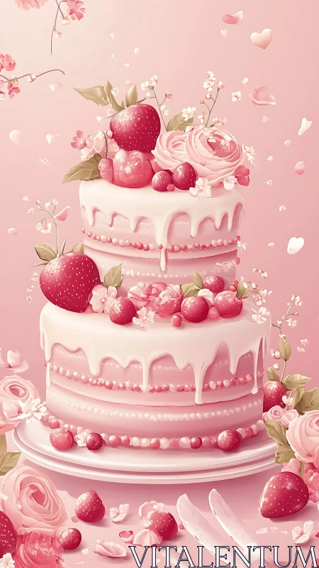 Delicate Pink Celebration Cake with Fresh Strawberries and Roses.