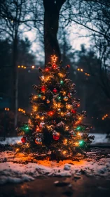 Outdoor Christmas tree glows with colorful winter lights