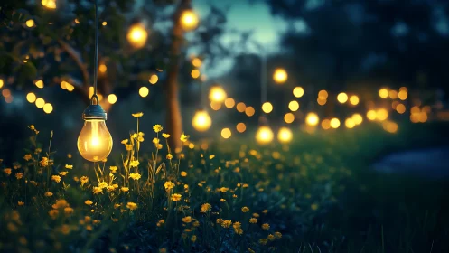 Hanging light bulbs illuminate yellow flowers in shallow focus