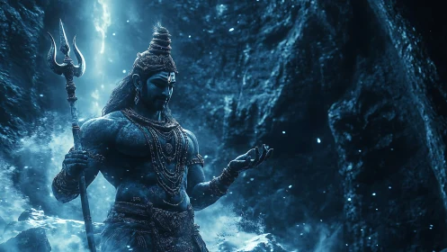 Divine blue warrior holds trident in stormlit cavern mist