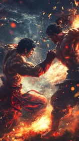 Two muscular fighters engage in close combat amid fire effects