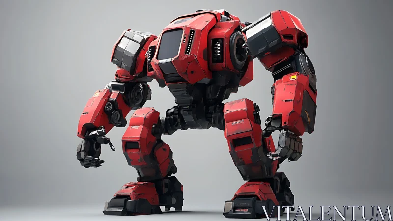 Red bipedal heavy mech stands in a neutral studio setting