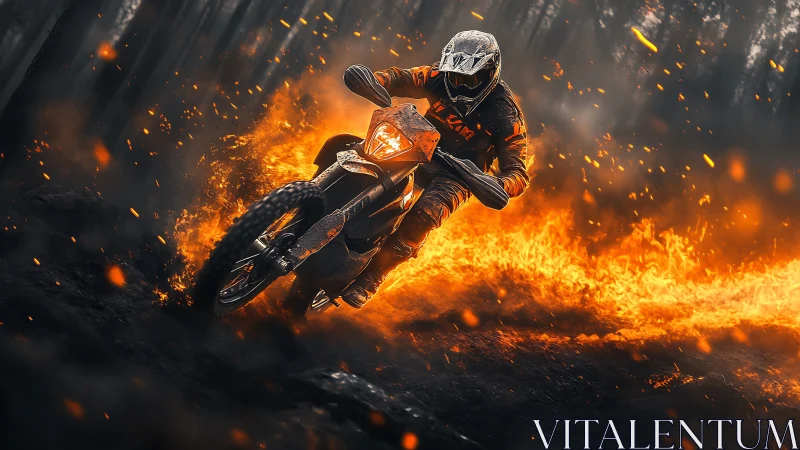 Dirt bike rider carving a fiery trail through the forest.
