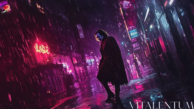 Masked loner stalks neon city streets in relentless night rain