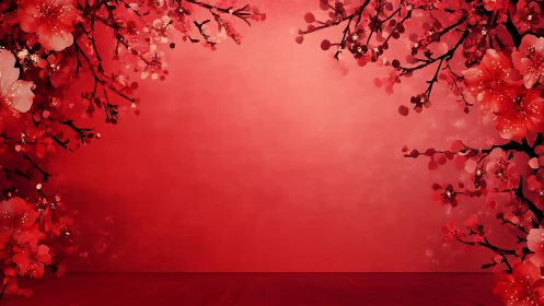 Symmetrical red sakura branches frame a soft gradient backdrop