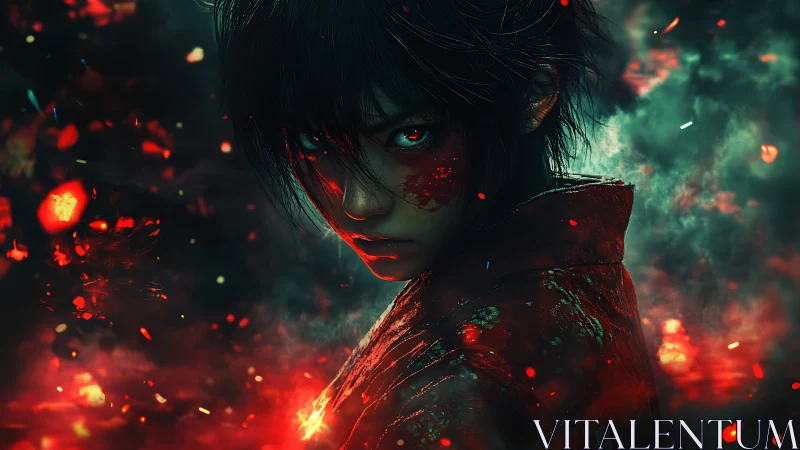 Ember-eyed warrior amid swirling sparks and shadowed smoke.