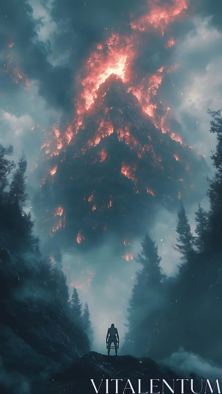 Solitary Figure Confronts Volcanic Mountain Eruption.