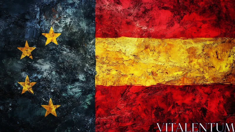 Spanish flag and star field merge in textured abstract canvas.
