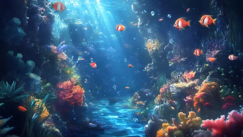 Colorful coral reef with tropical fish in sunlit ocean.