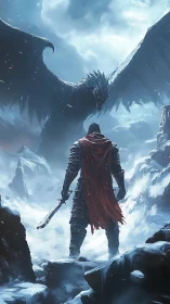 Armored figure confronts large dragon in frozen mountain pass